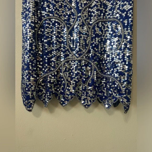 Vintage Blue Sequin Beaded Silk Dress Art Deco Midi Party Formal - Picture 5 of 16